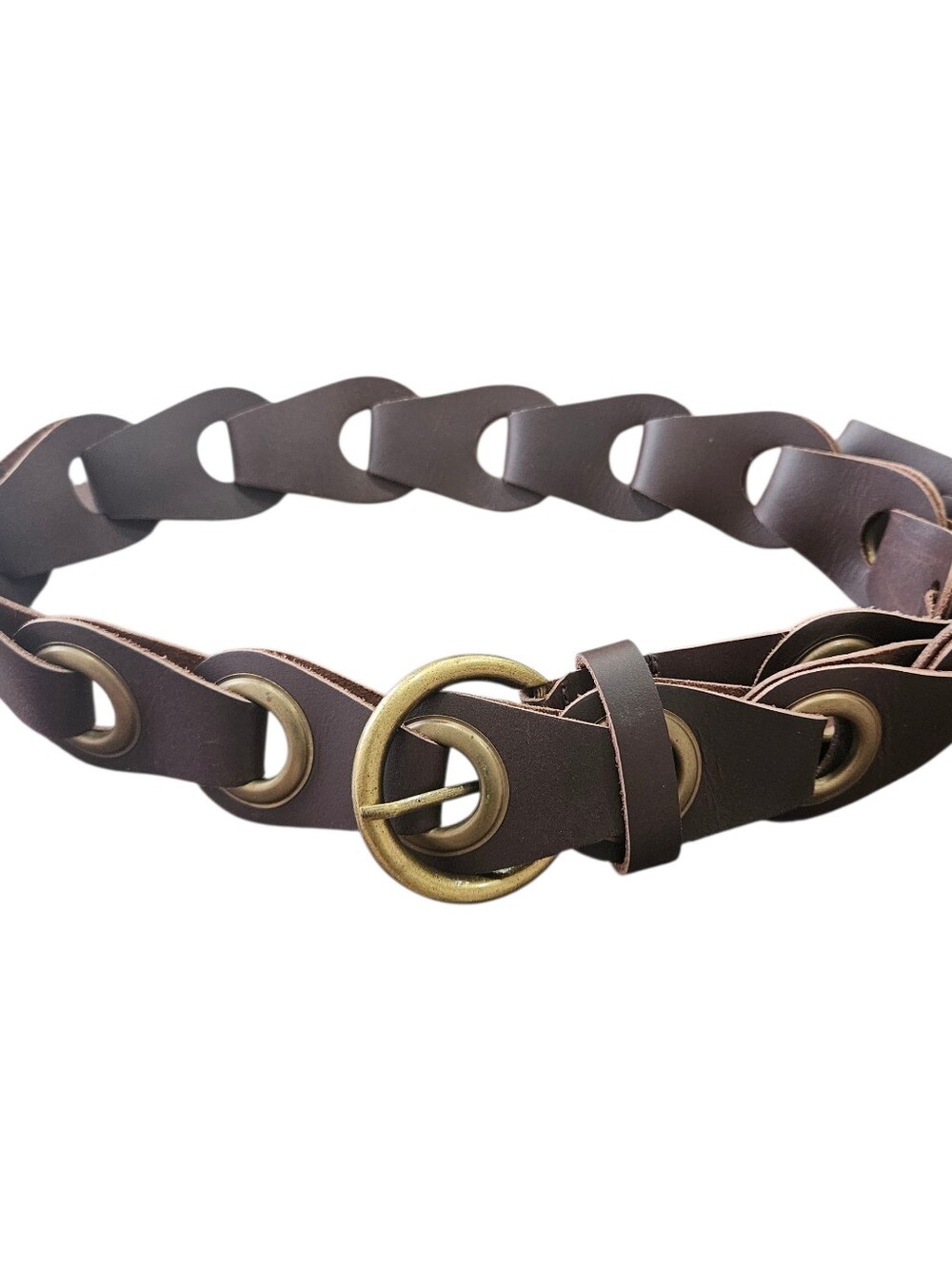 VTG Brown Leather Chain Link Antique Brass Grommet Belt Chunky Sz L Boho Hippie